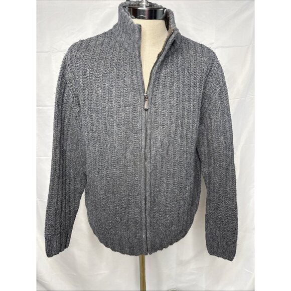 Sundance Wool Cardigan Sweater Men's Large Grey Cable Knit Zip Front Mock Collar - Picture 1 of 7